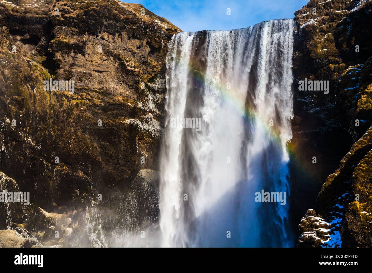 Skogafoss view during winter snow which located in Skoga River in South Iceland Stock Photo