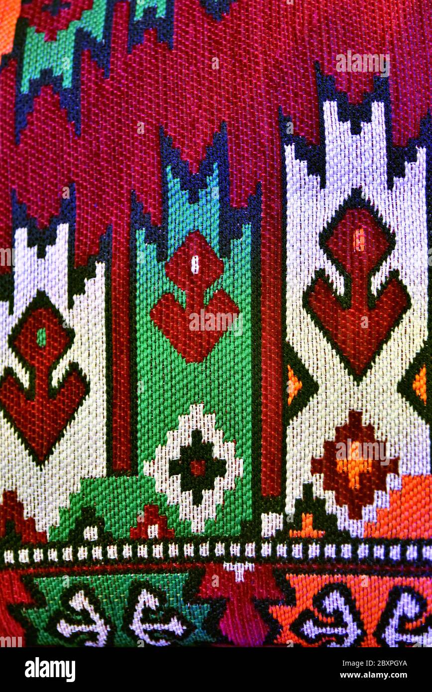 Arabian sadu weaving middle eastern traditional rug texture. Detail of vintage carpet, Qatar Stock Photo