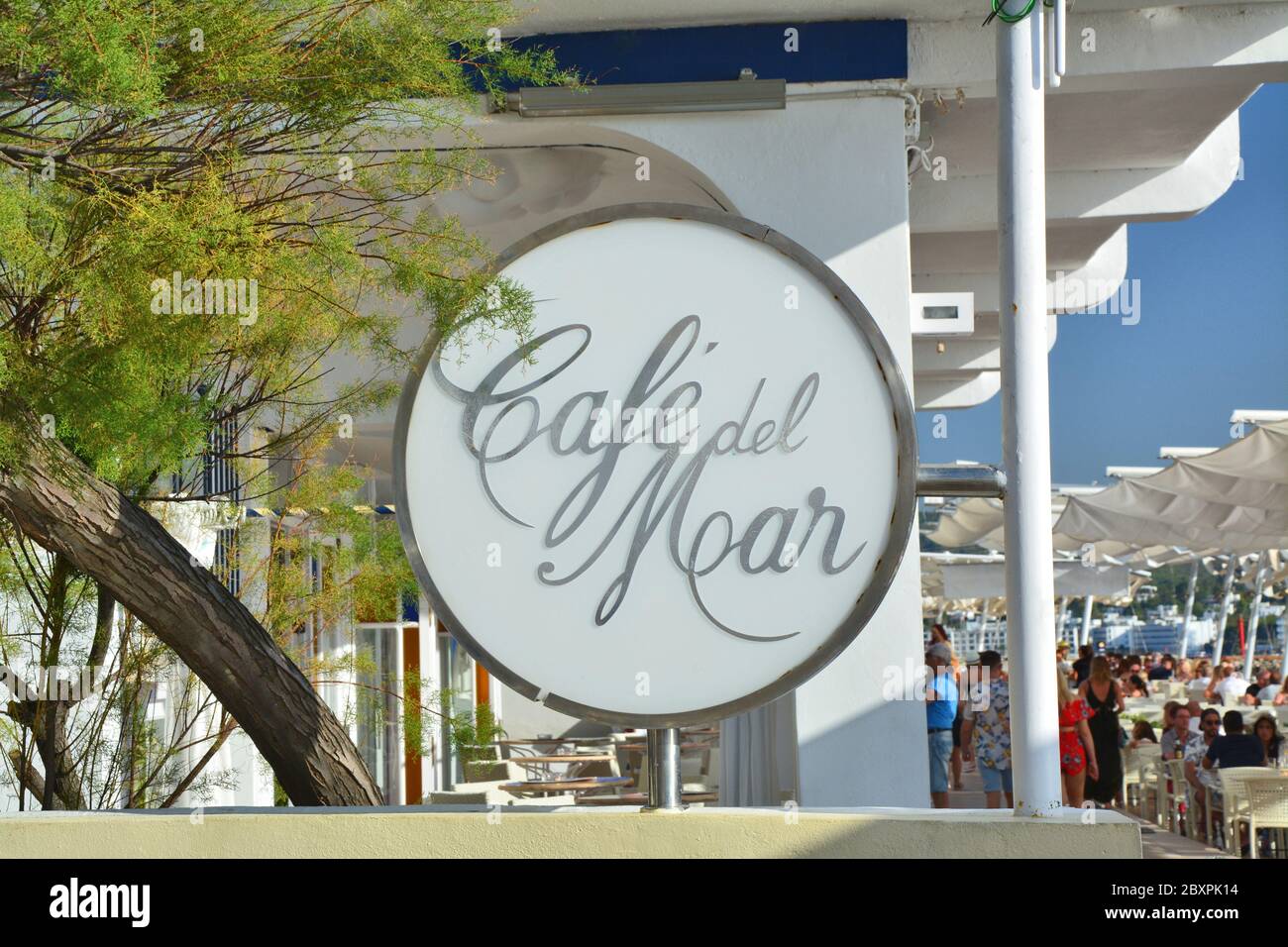 IBIZA, SPAIN - JULY 12, 2017: Cafe del Mar in San Antonio de Portmany on Ibiza island. It is a famous seaside bar with the best views of sunset with m Stock Photo