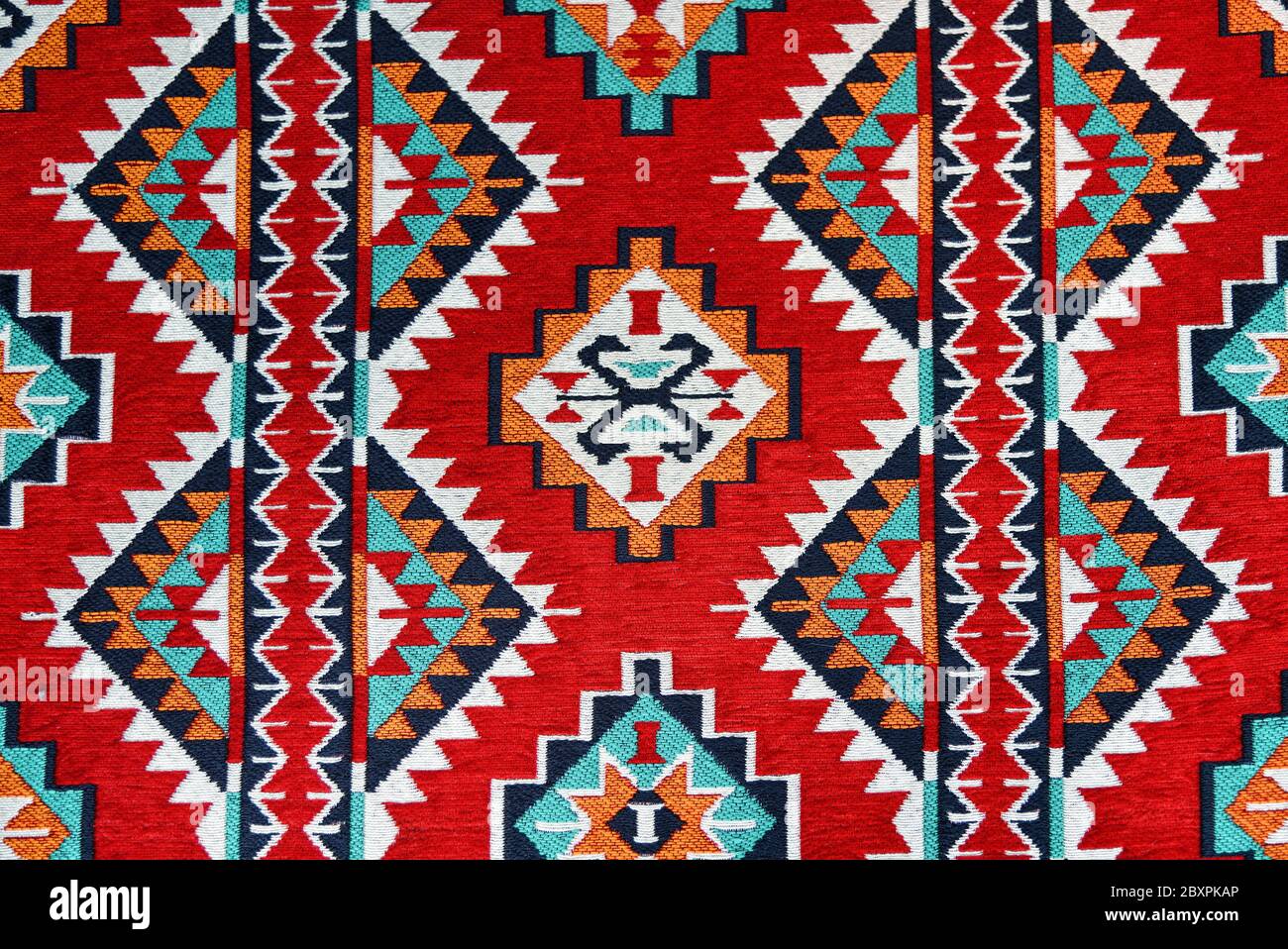Arabian sadu weaving middle eastern traditional rug texture. Detail of the vintage carpet, Qatar Stock Photo