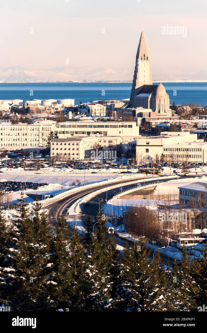 Reykjavik city view of Hallgrimskirkja from Perlan Dome, Iceland Stock Photo