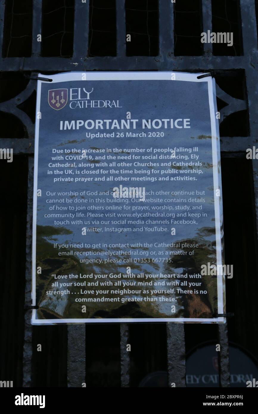Covid-19 lockdown closure signs on the  porch of Ely Cathedral. Stock Photo