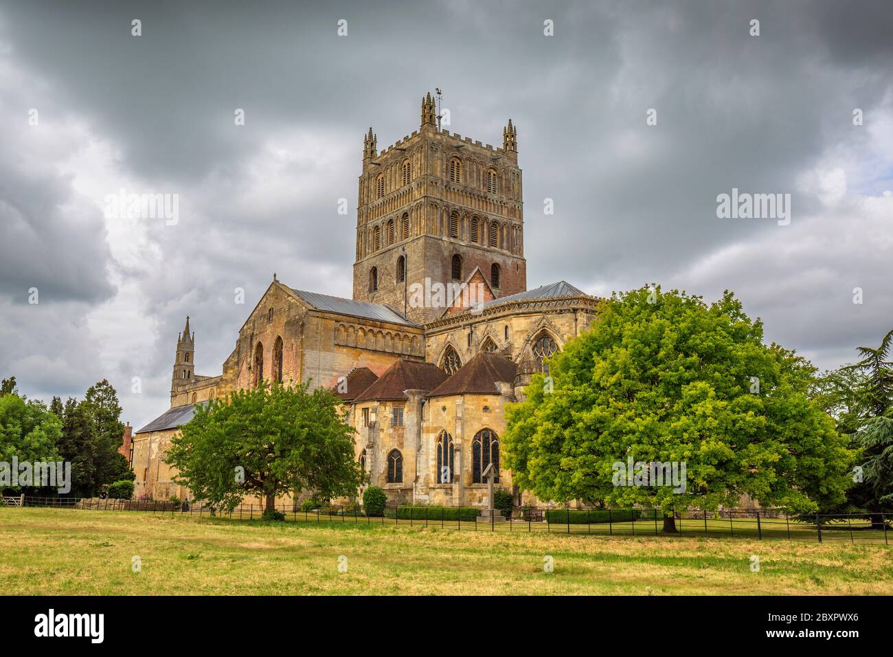 A west view of Tewkesbury Abbey Church in Gloucestershire, England Stock Photo