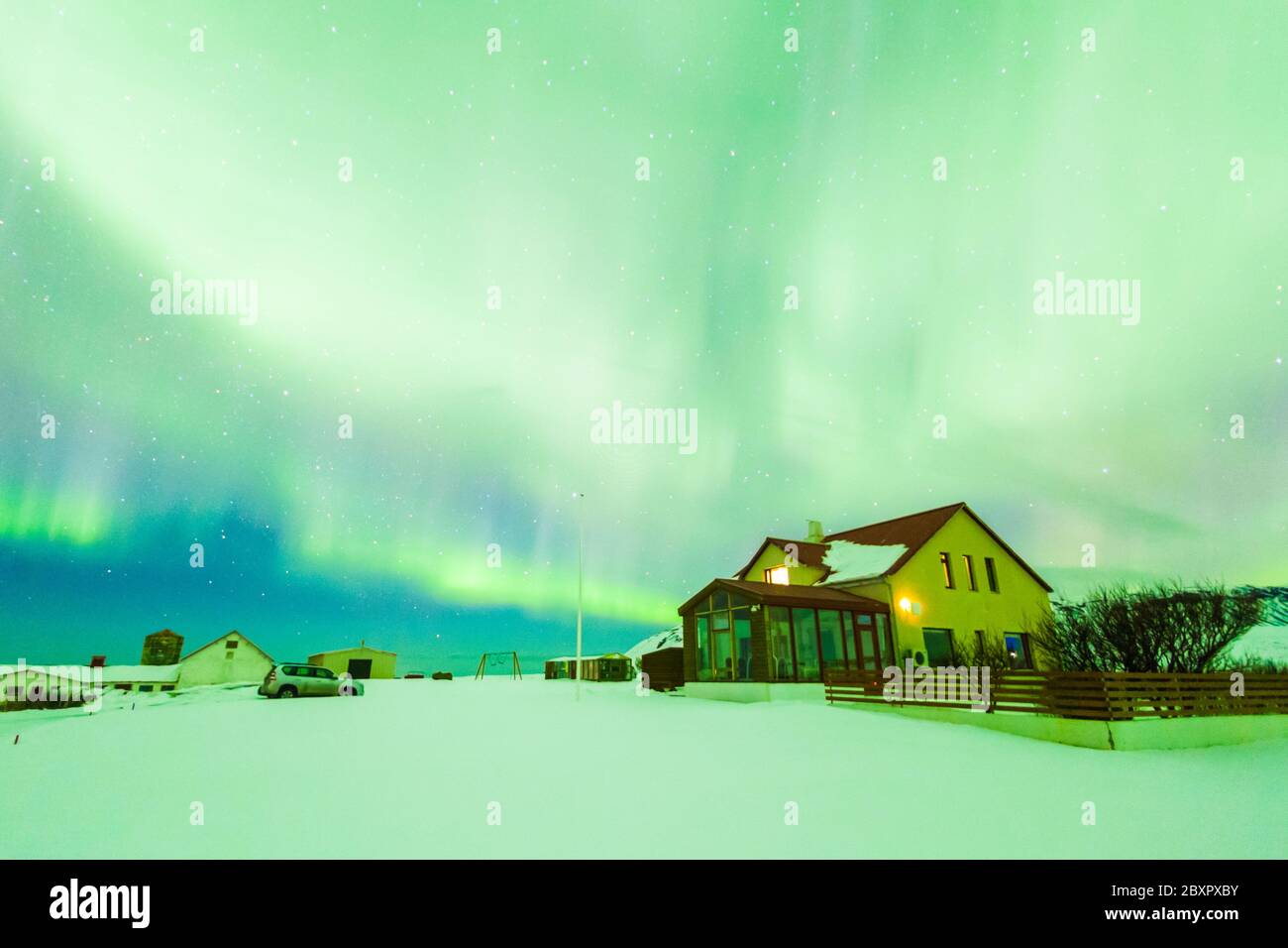 Beautiful Aurora Borealis or better known as The Northern Lights for background view in Iceland, Snaefellsnesvegur during winter Stock Photo
