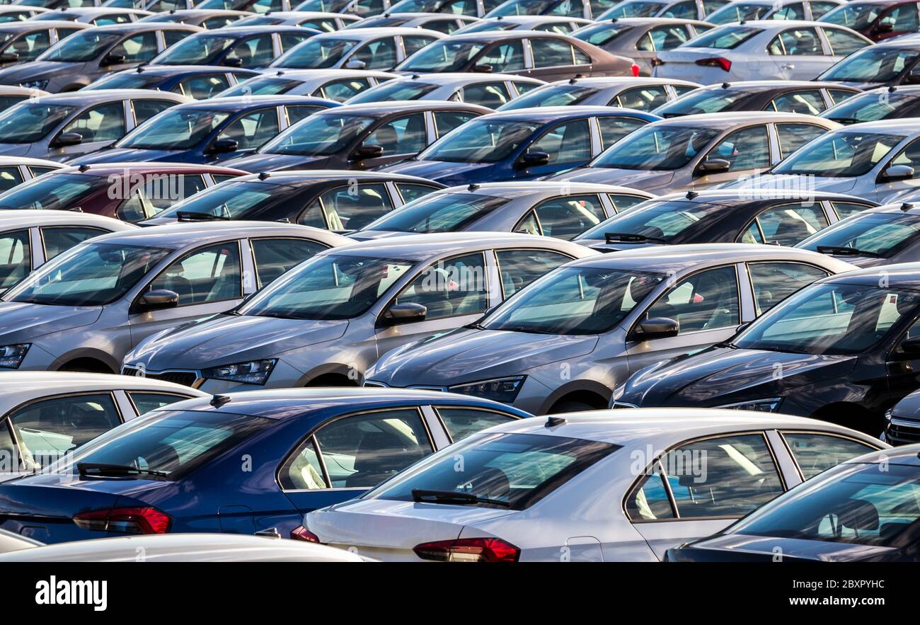 Rows of a new cars parked in a distribution center on a car factory on a sunny day. Parking in the open air. Stock Photo