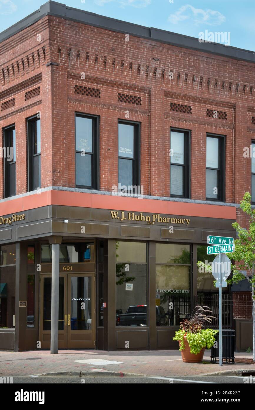The historic N. Lahr building, in the revitalized downtown business district on St. Germain Street and 6th Avenue North in St. Cloud, MN, USA Stock Photo