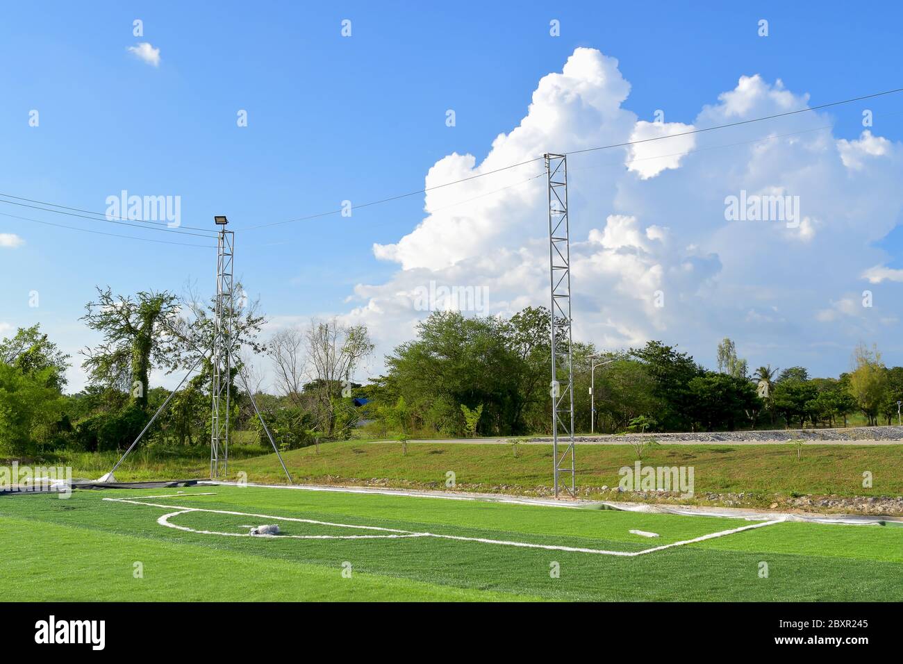 The artificial turf football field is undergoing renovation on the ...