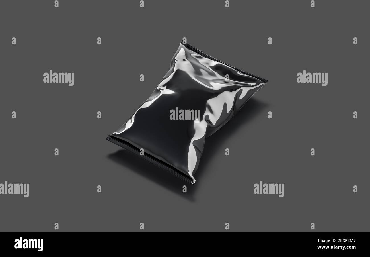 Blank black foil big chips pack mockup, dark background Stock Photo
