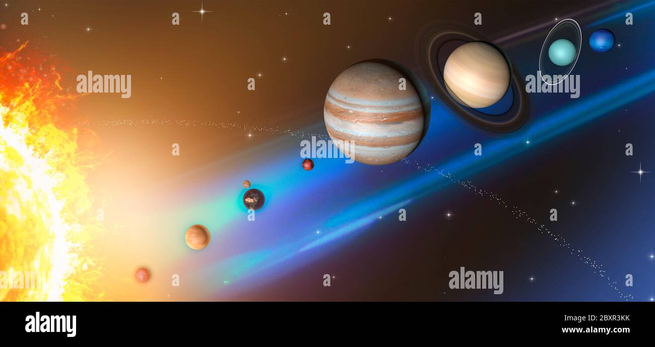 Planets of the solar system, sun, Mercury, Venus, Earth, Moon, Mars, Jupiter, Saturn, Uranus, Neptune, Magnitudes are not to scale Stock Photo