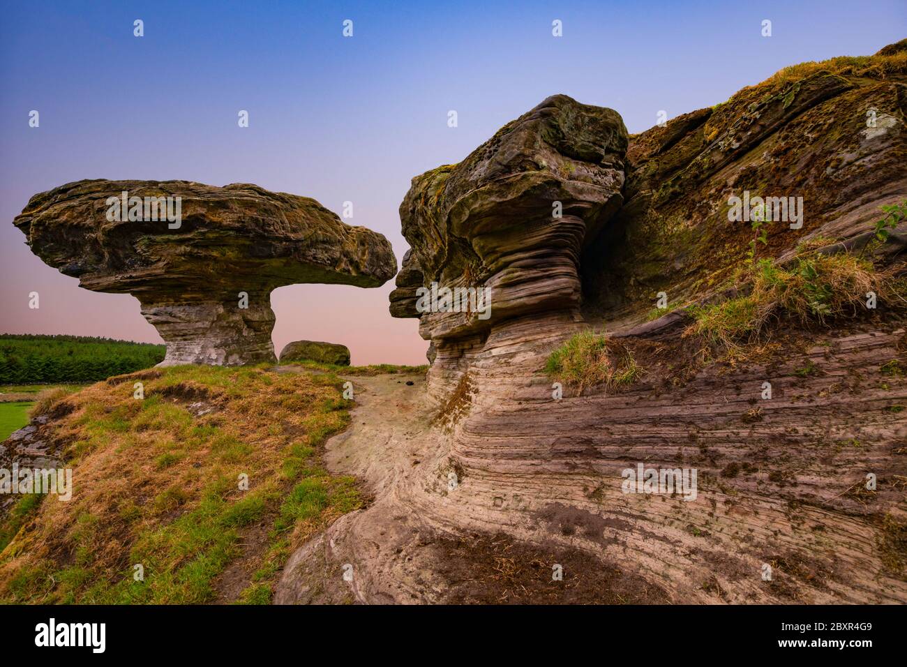 Mushroom rock formation known as the Bunnet Stane. Located on the Lomond hills, Fife, Scotland, UK. Stock Photo