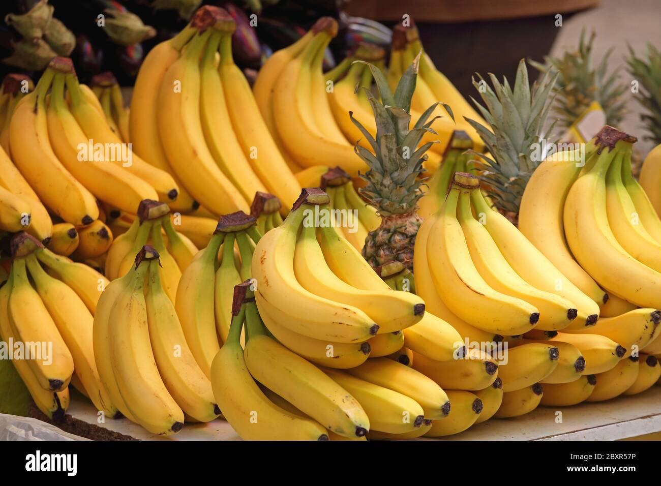Bunch of Ripe Yellow Bananas at Grocery Store Stock Photo
