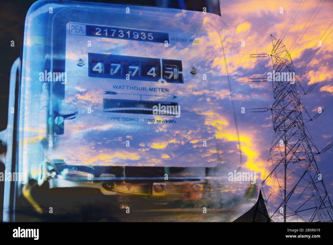 Electric power meter measuring power usage with High voltage post. Watt