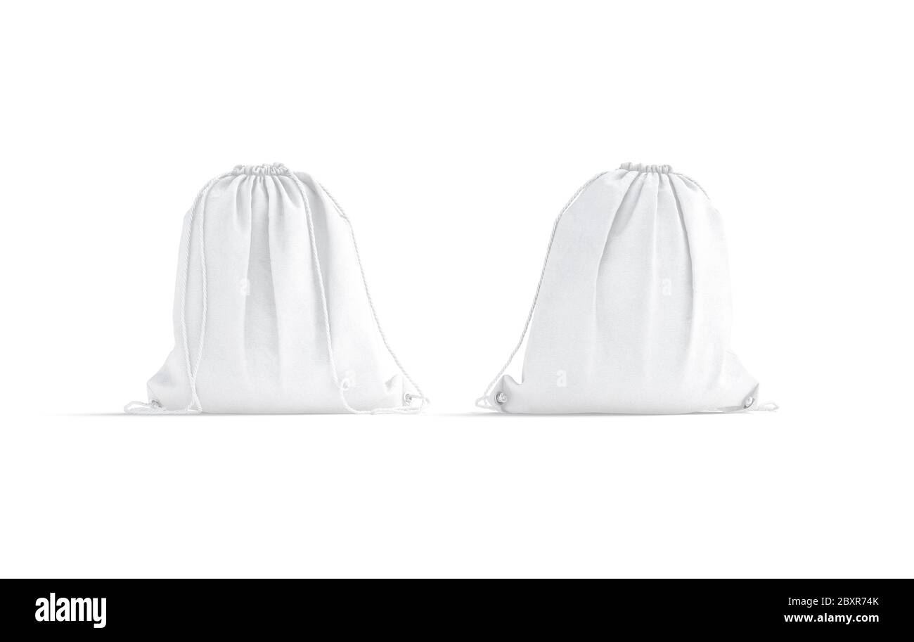 Blank white drawstring backpack mockup, front and back view Stock Photo