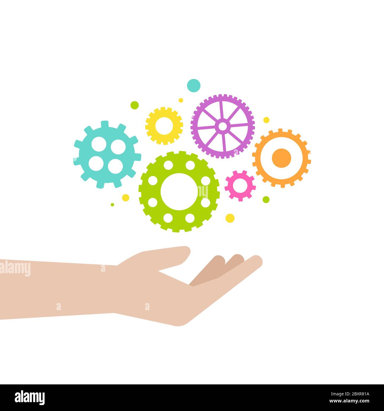 Hand with colorful gears. Skills set and support icon isolated on white. Creative solutions, team work, know-how concept. Vector flat illustration Stock Vector