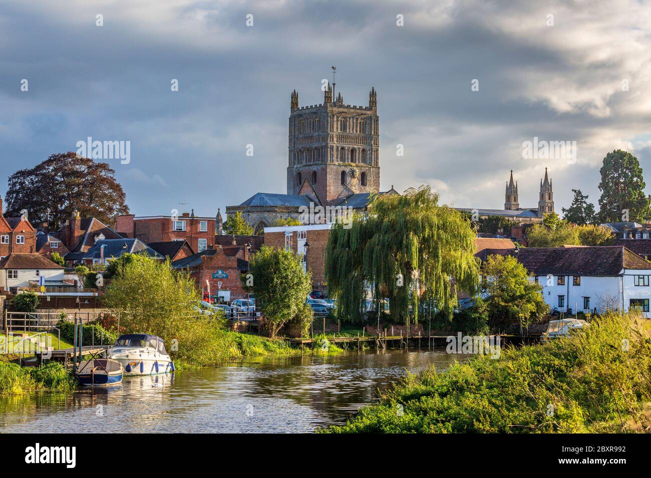 The Romanesque Tower of Tewkesbury Abbey Church along the Avon in Gloucestershire, England Stock Photo