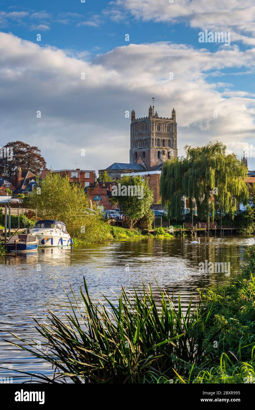 The Romanesque Tower of Tewkesbury Abbey Church along the Avon in Gloucestershire, England Stock Photo