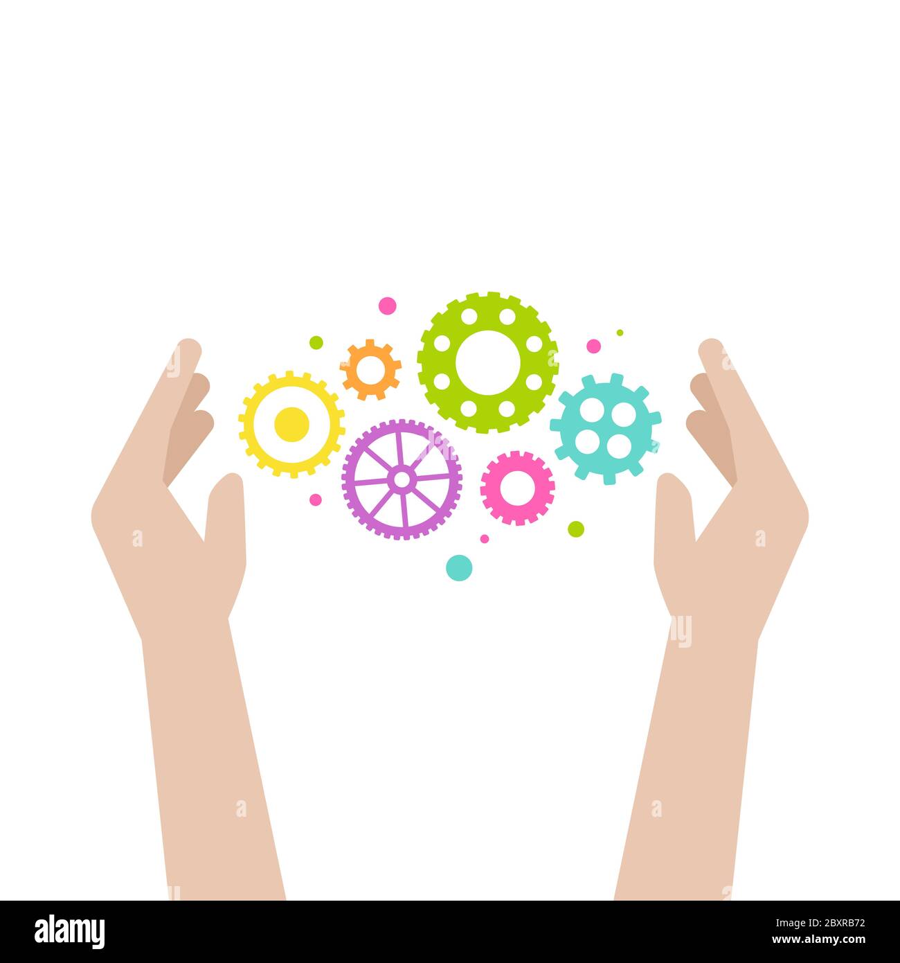 Hand with colorful gears. Skills set and support icon isolated on white. Creative solutions, team work, know-how concept. Vector flat illustration Stock Vector