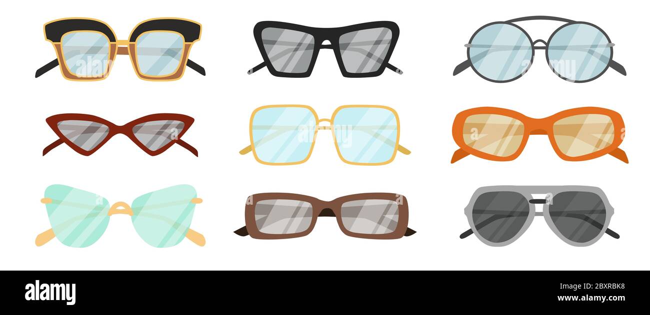 Summer sunglasses collection. Hippie, classic, aviator, round. Vector set. Stock Vector