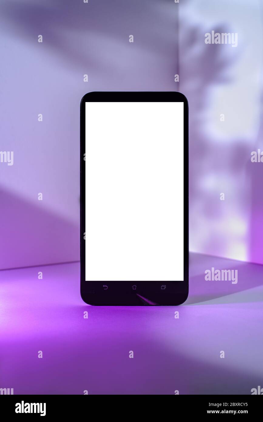 Minimalist modern smartphone mockup for presentation, in perspective front of the corner angle of the wall, with purple abstract and plant shapes on b Stock Photo
