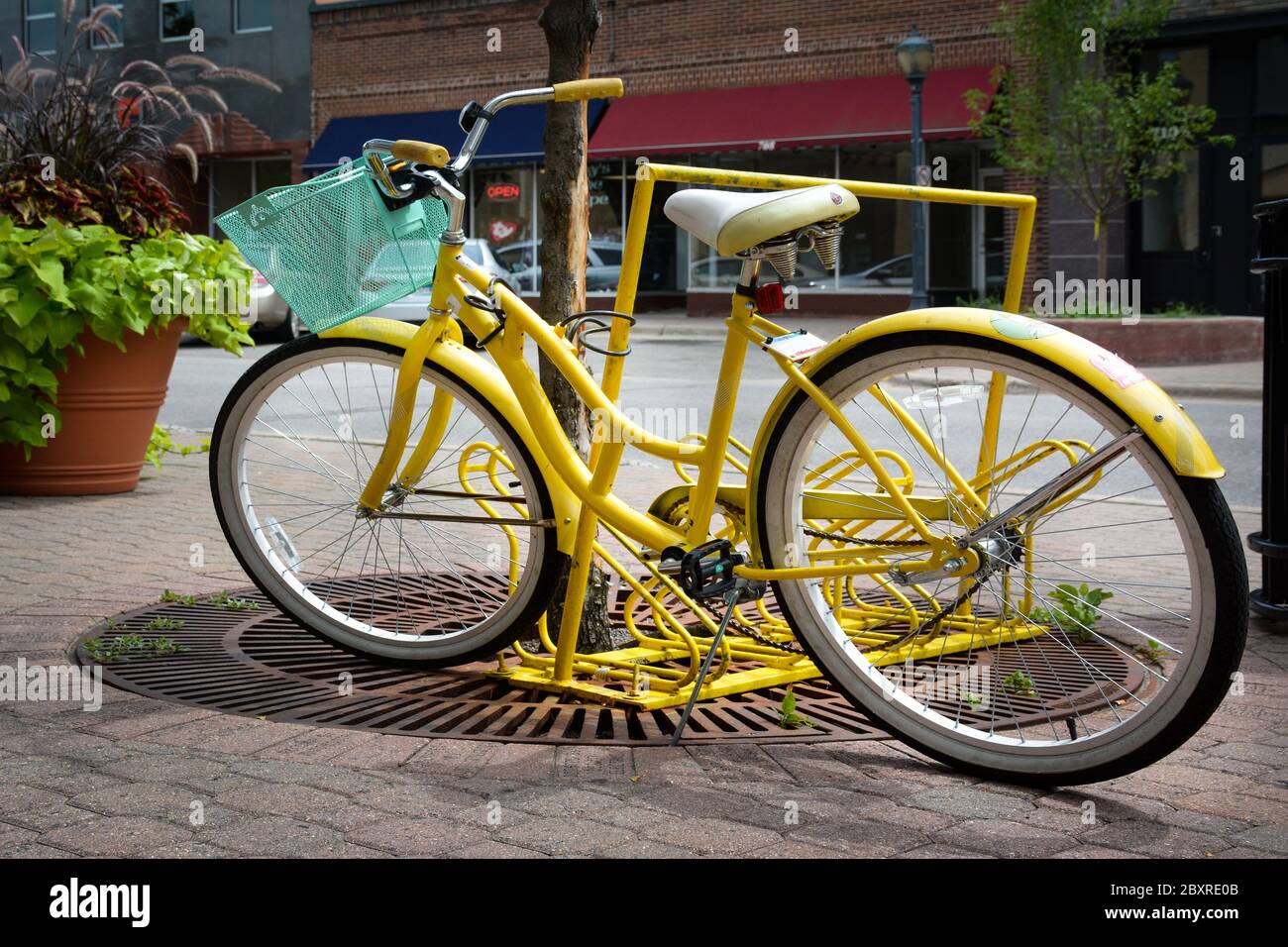 A parked retro style yellow girl's bicycle with teal green basket on front locked to a tree in  revitalized downtown in St. Cloud, MN, USA Stock Photo