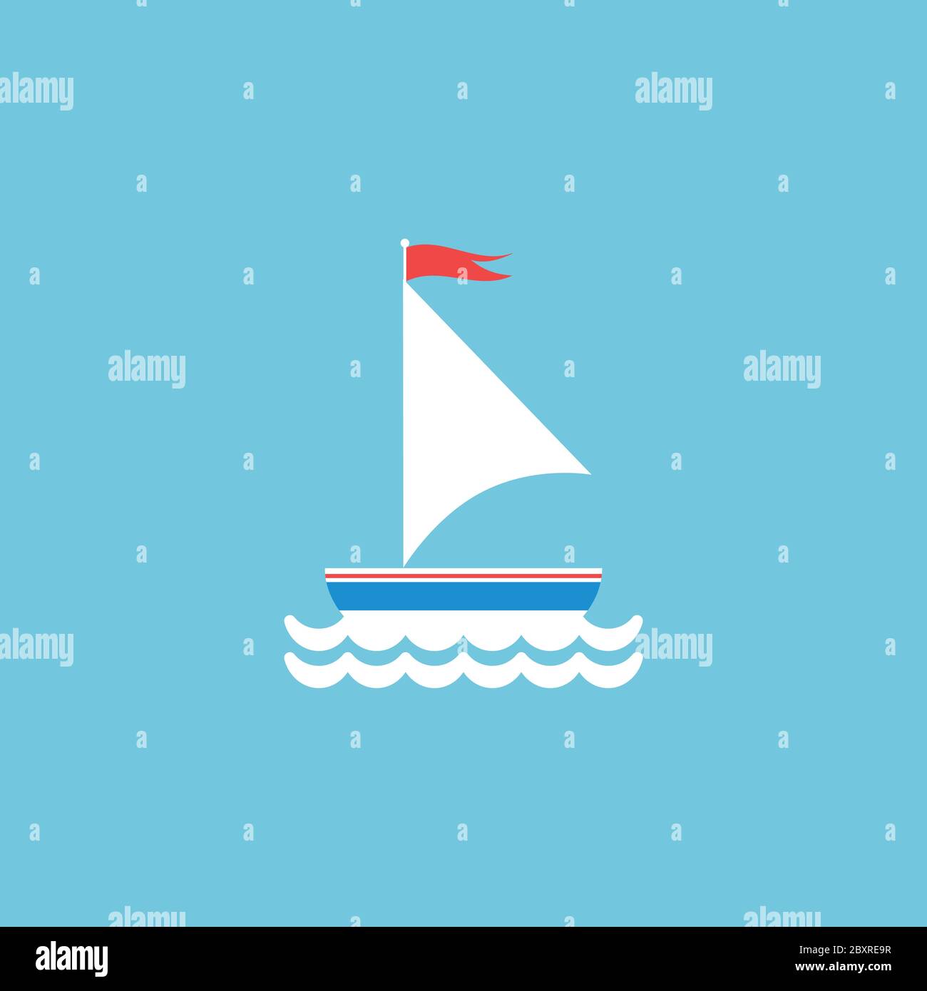 Flat white boat with sail and little waving red flag on the top