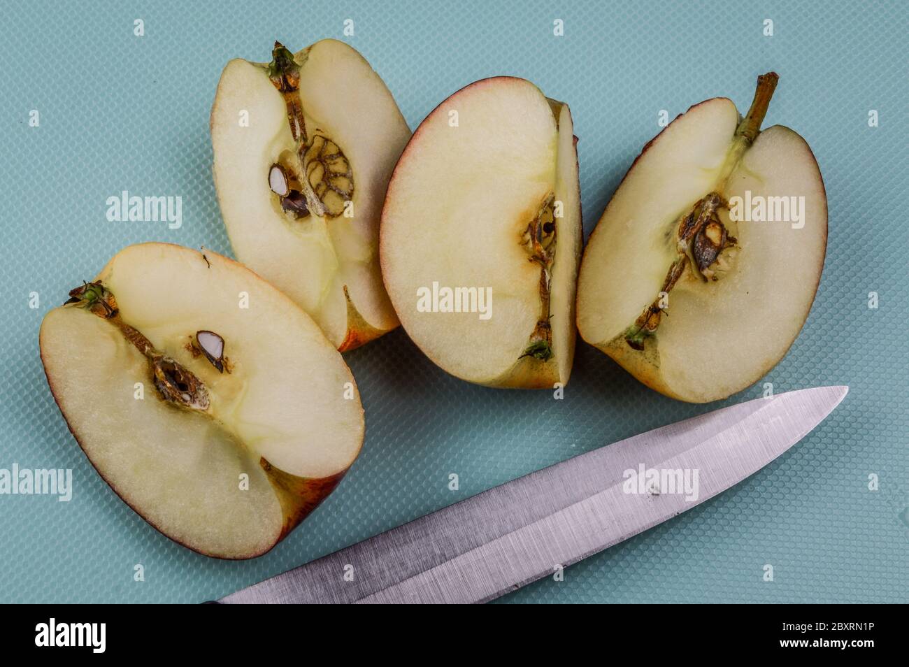 Quarters of a red organic apple sliced with kitchen knife on a light blue textured background Stock Photo