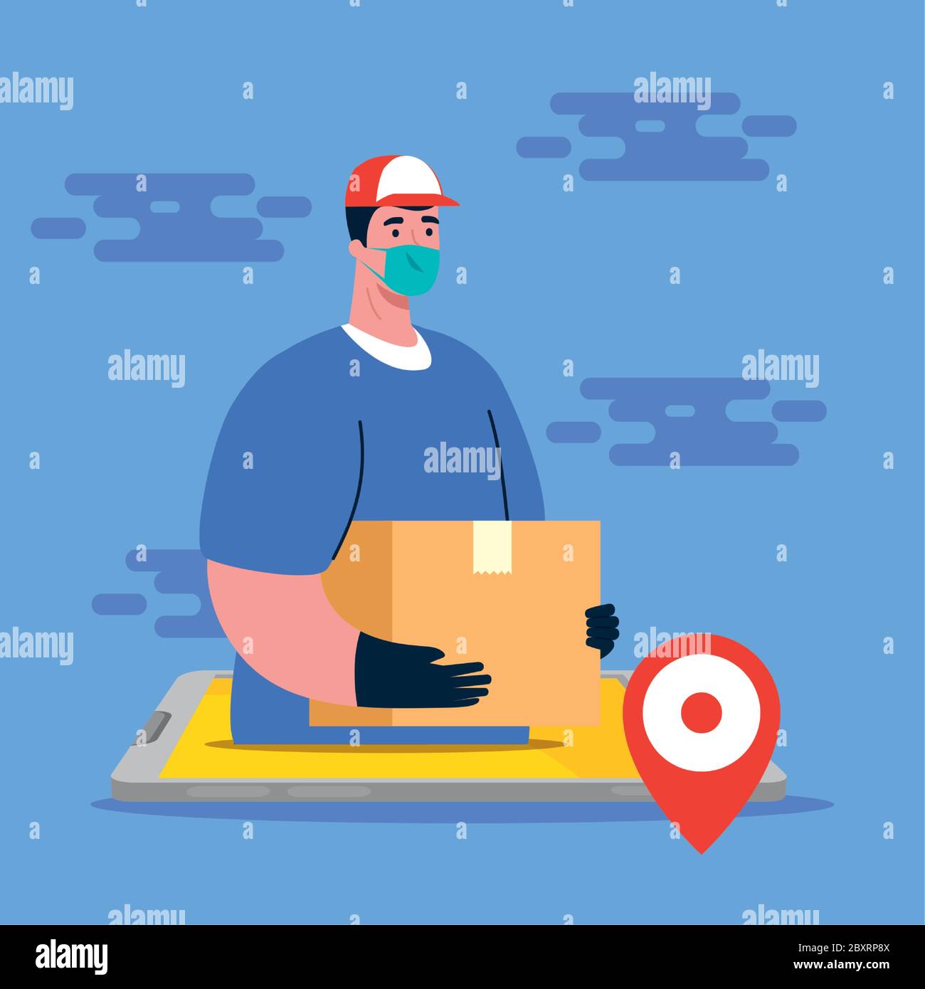 Delivery man with mask gps mark and box vector design Stock Vector ...