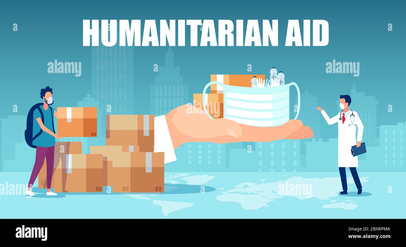 Humanitarian support during coronavirus pandemic concept. Vector of a hand supplying masks and ppe to medical staff Stock Vector