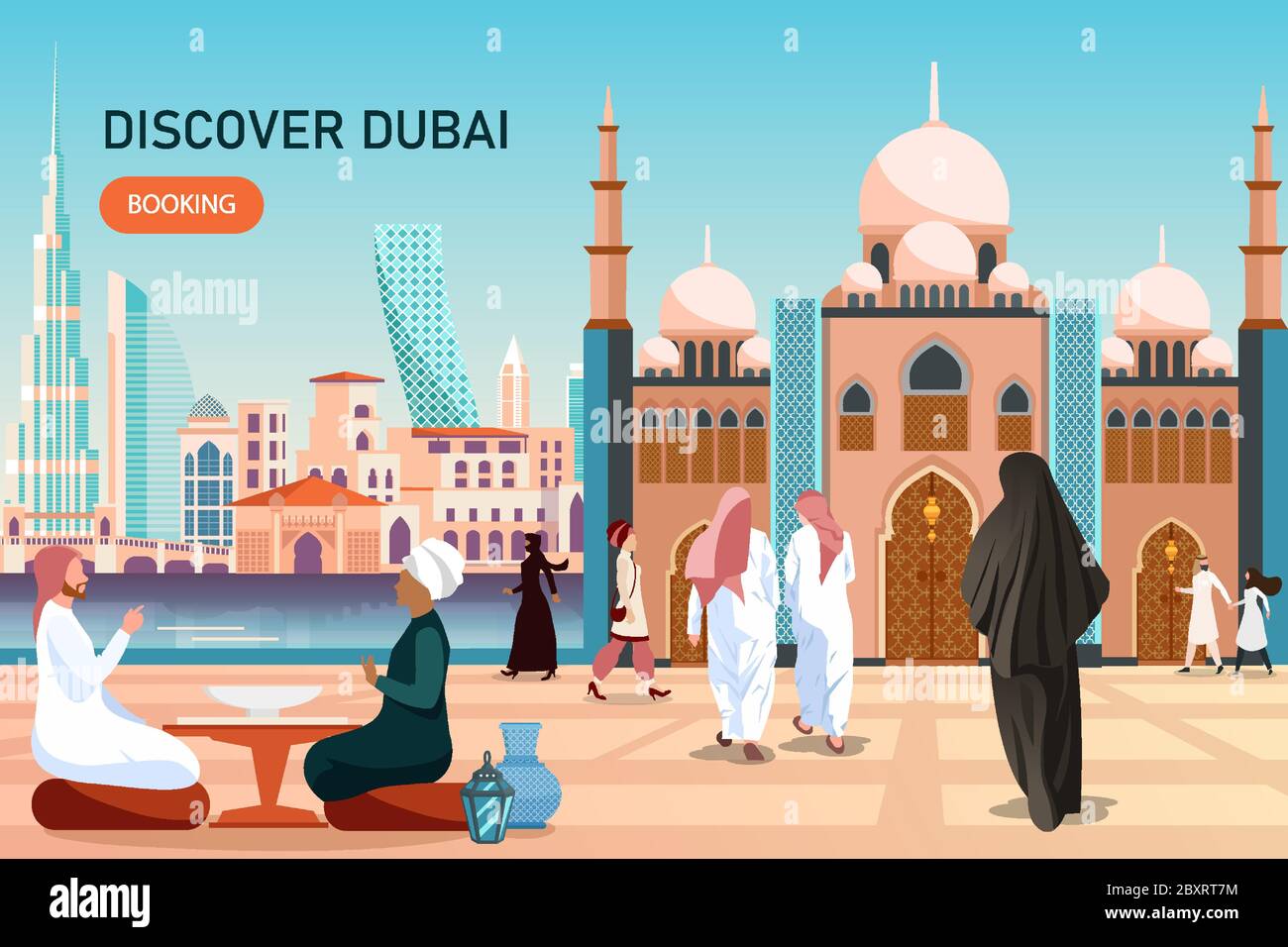 Tourism to Dubai concept. Vector of traditional and modern buildings, landmarks and city skyline in UAE Stock Vector