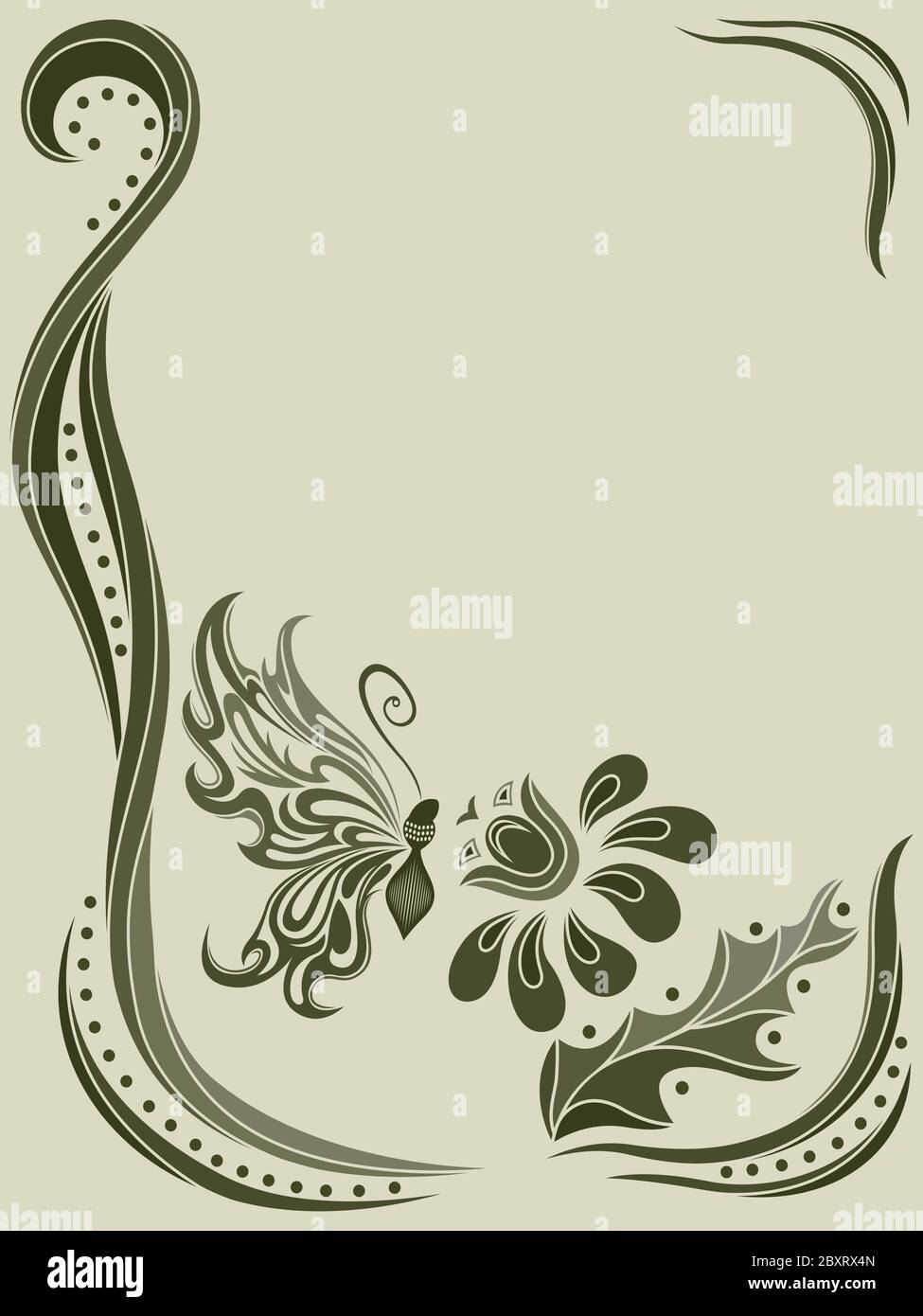Plant frame with butterfly in muted khaki hues isolated on light background with place for your text Stock Vector