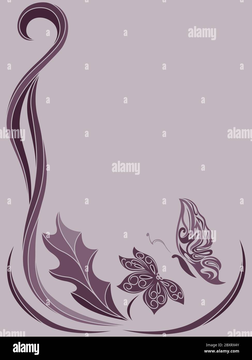 Floral frame with leaves, flower and butterfly in muted magenta hues isolated on light background with place for your text Stock Vector