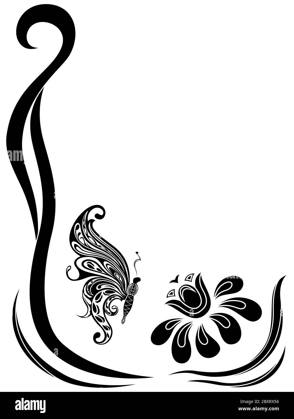 Black silhouette plant frame with butterfly and flower isolated on white background with place for your text Stock Vector
