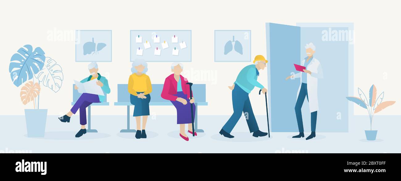Vector of elderly patients waiting doctor appointment time at geriatrics clinic Stock Vector