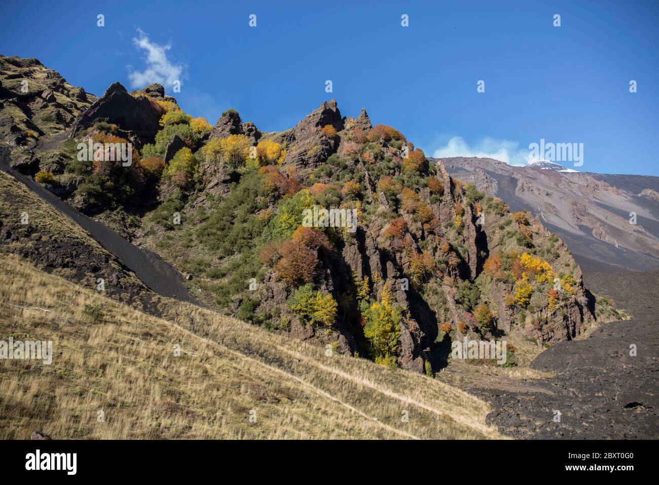 Etna mountainscape view during sunny day with blue sky from  Bove Valley and detail of magmatic dike. Stock Photo