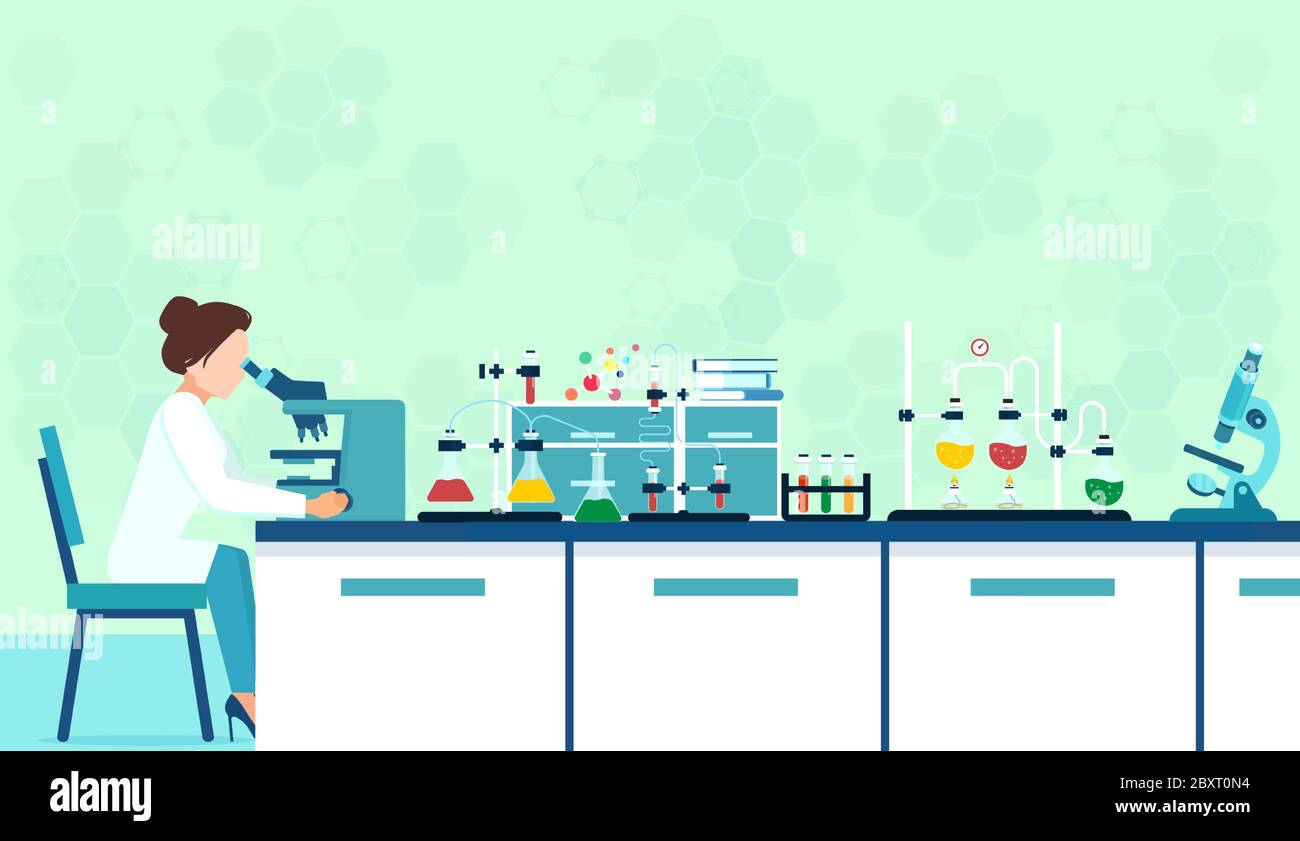 Vector of a lab researcher studying new virus working in a lab with a microscope and tools of laboratory. Stock Vector