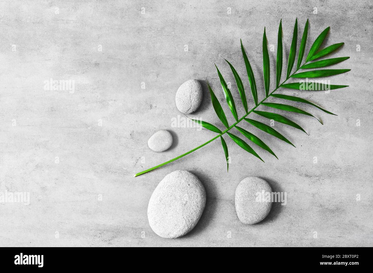 Flat lay composition with spa stones, palm leaves on grey background ...