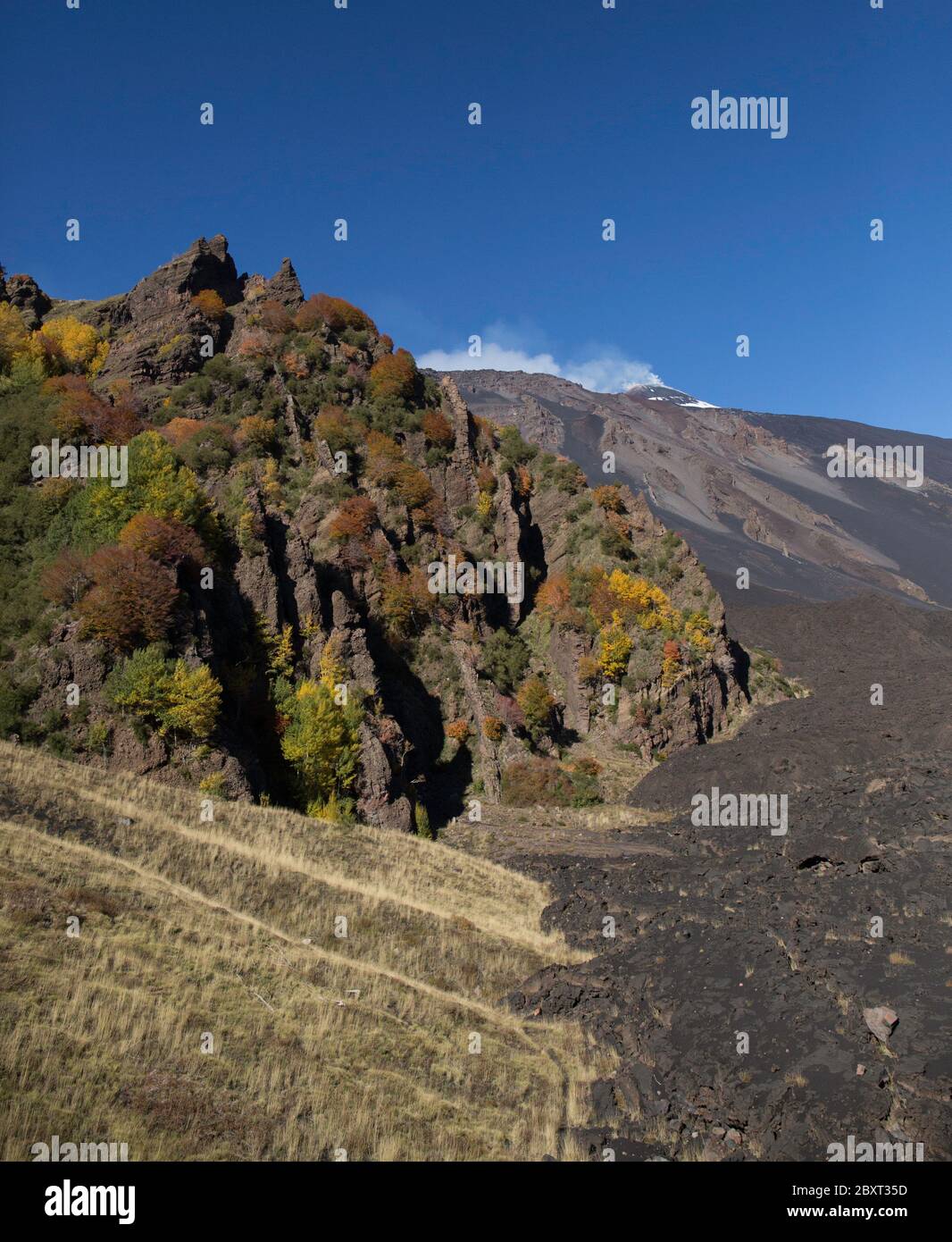 Etna mountainscape view during sunny day with blue sky from  Bove Valley and detail of magmatic dike. Stock Photo