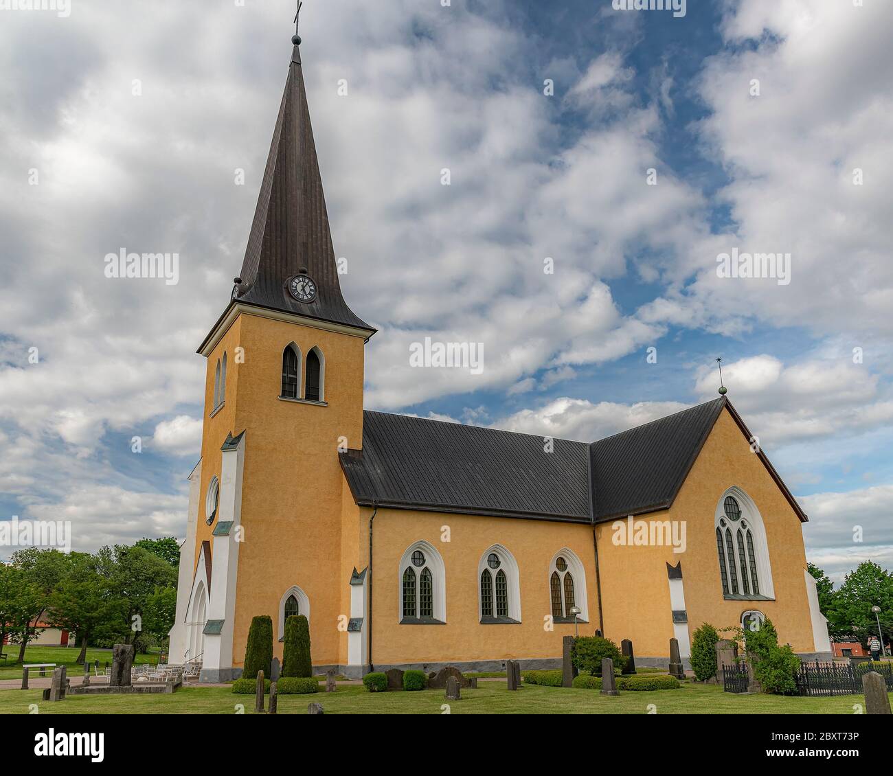 The Broby Church was built in the gothic revival style of architecture.. Stock Photo