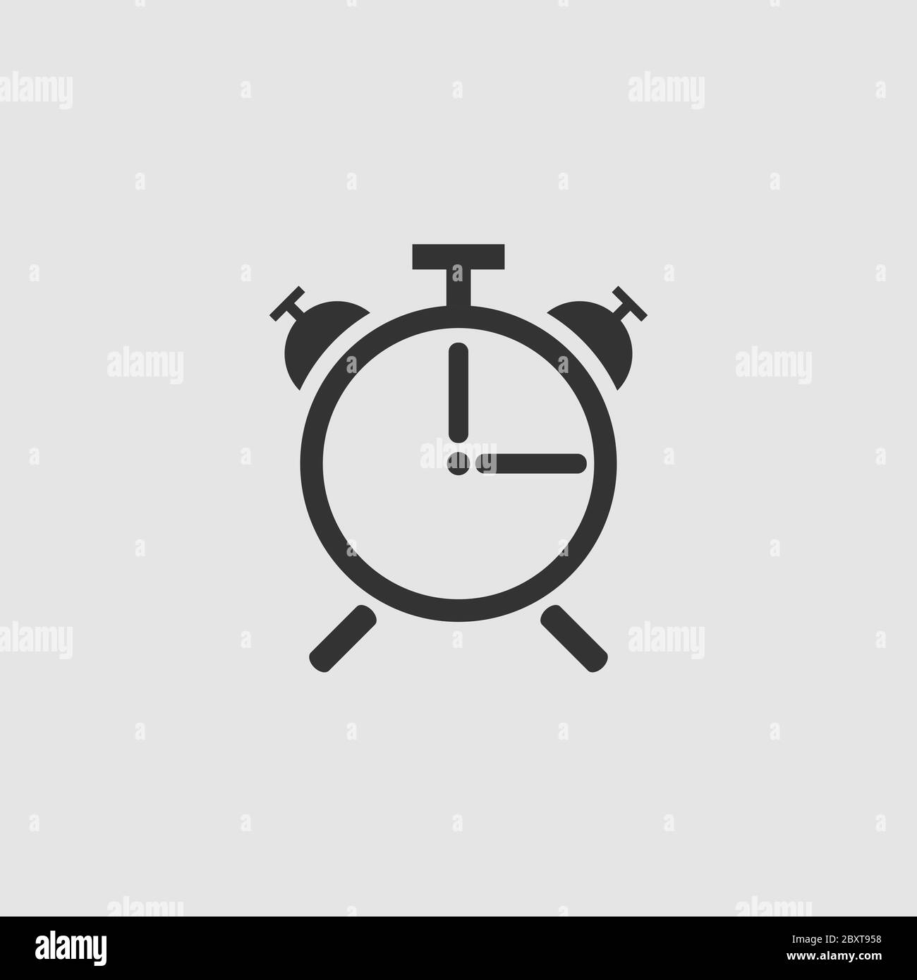 Alarm clock icon flat. Black pictogram on grey background. Vector