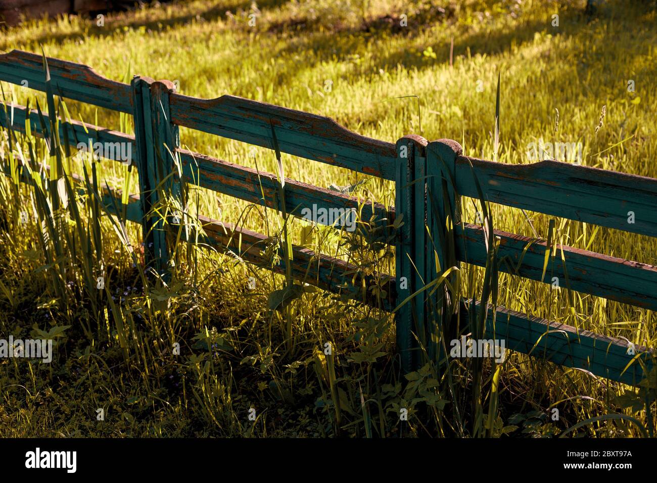 Wooden fence during golden hour with contrast light Stock Photo
