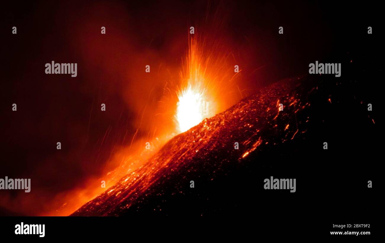 Etna volcano eruption with lava flow - Sicily adventures Stock Photo ...