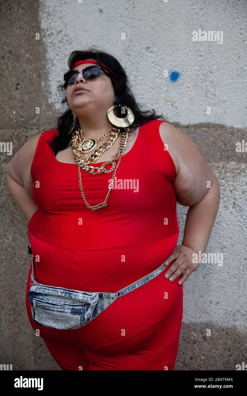 Janie Martinez, a New York based plus-size actress, model, dancer, singer, and body positivity activist, on the set of the music video for Action Bronson's latest single “Strictly 4 my jeeps” in Queens, New York, United States on May 10, 2013. The music video is directed by Jason Goldwatch. Action Bronson, is an American rapper from Flushing, Queens, New York of Albanian descent. Photograph by Bénédicte Desrus Stock Photo