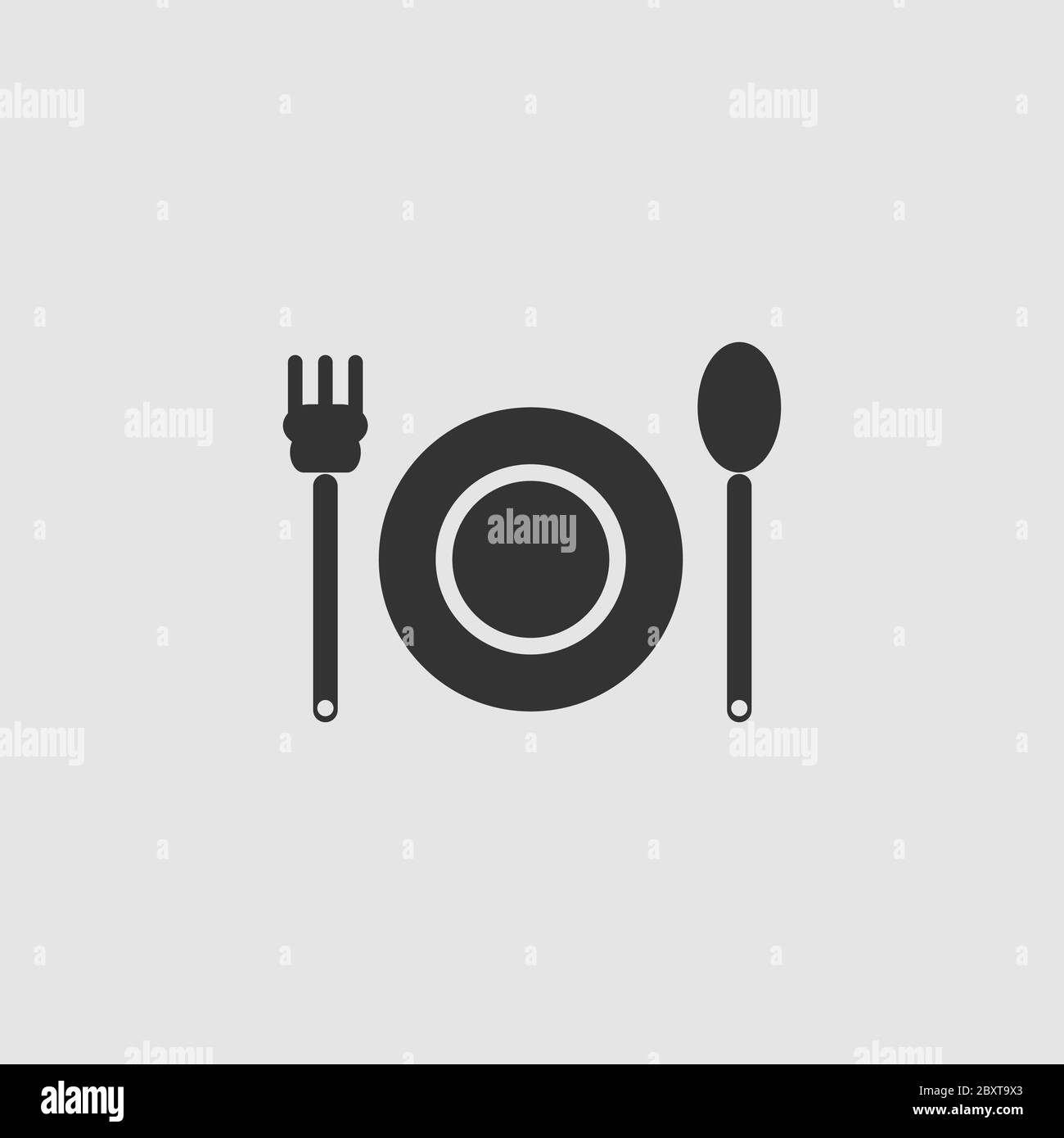 Plate with fork and spoon icon flat. Black pictogram on grey background ...