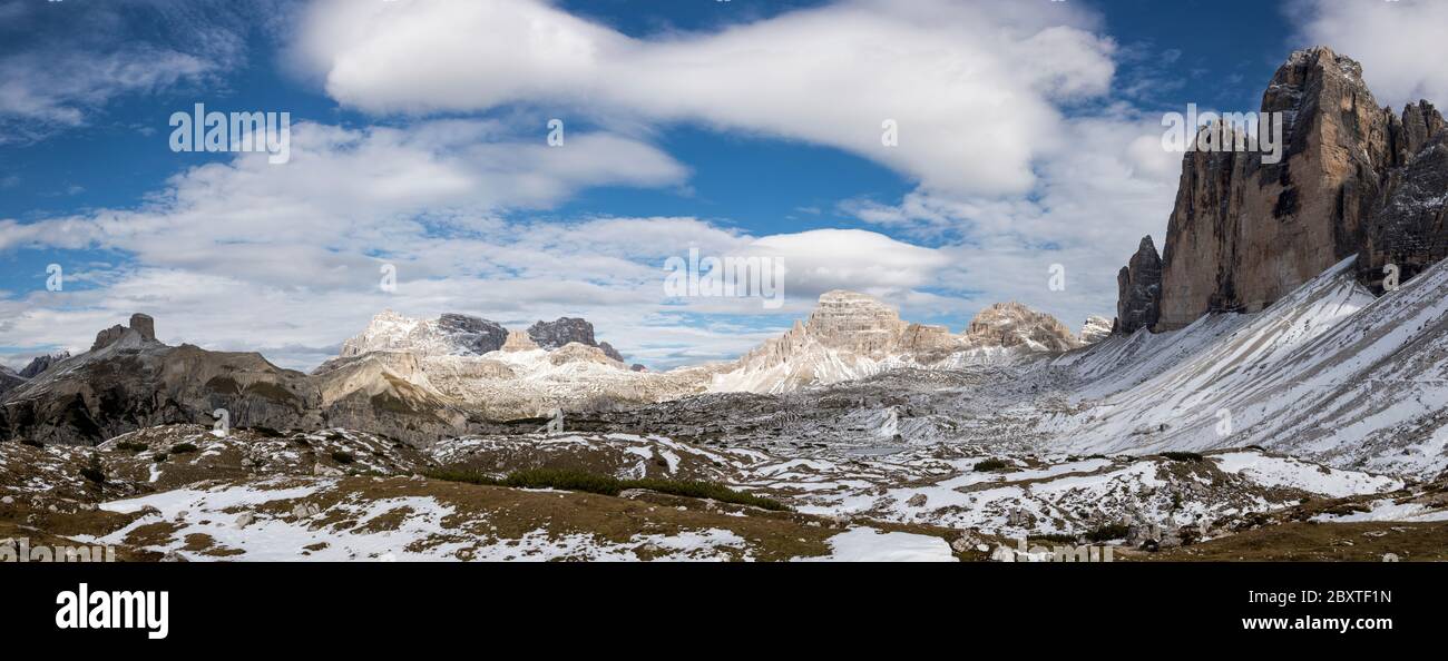 Panorama of Tre Cime di Lavaredo, South Tyrol, Italy Stock Photo