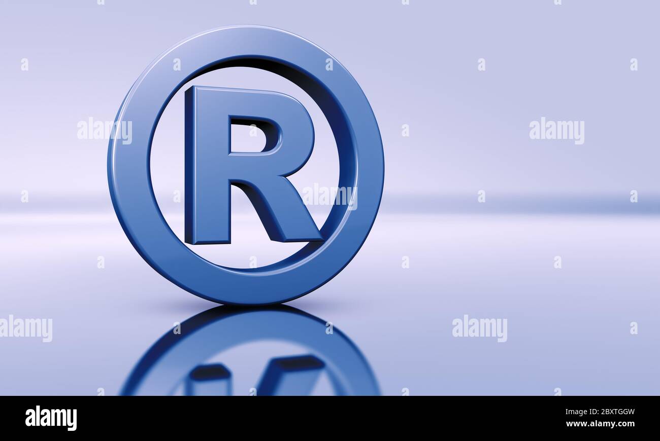 Business registered trademark symbol concept with blue sign icon on defocused background with copyspace 3D illustration. Stock Photo