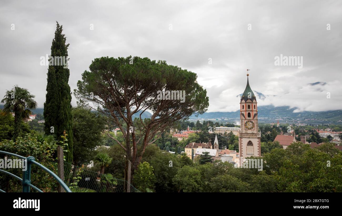 Church of Merano as seen from Tappeinerweg, South Tyrol, Italy Stock Photo