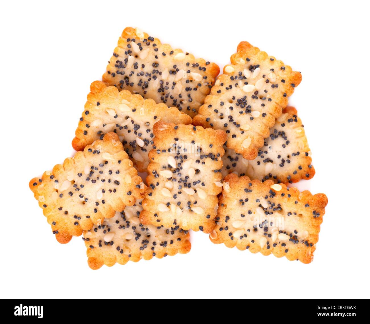 Square poppy seeds and sesame crackers isolated on white background