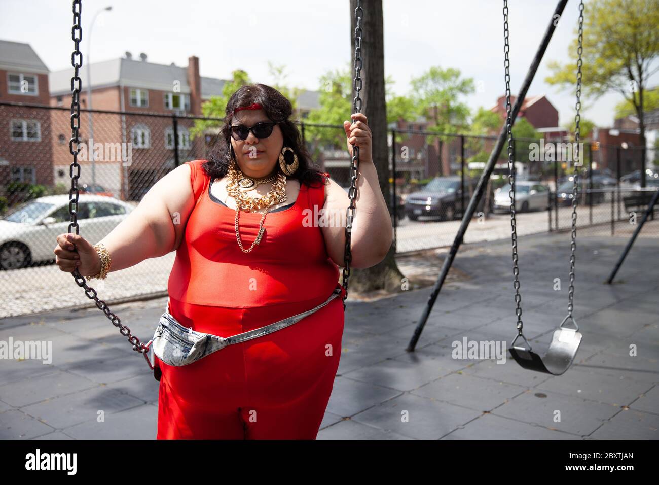 Janie Martinez, a New York based plus-size actress, model, dancer, singer, and body positivity activist, on the set of the music video for Action Bronson's latest single “Strictly 4 my jeeps” in Queens, New York, United States on May 10, 2013. The music video is directed by Jason Goldwatch. Action Bronson, is an American rapper from Flushing, Queens, New York of Albanian descent. Photograph by Bénédicte Desrus Stock Photo