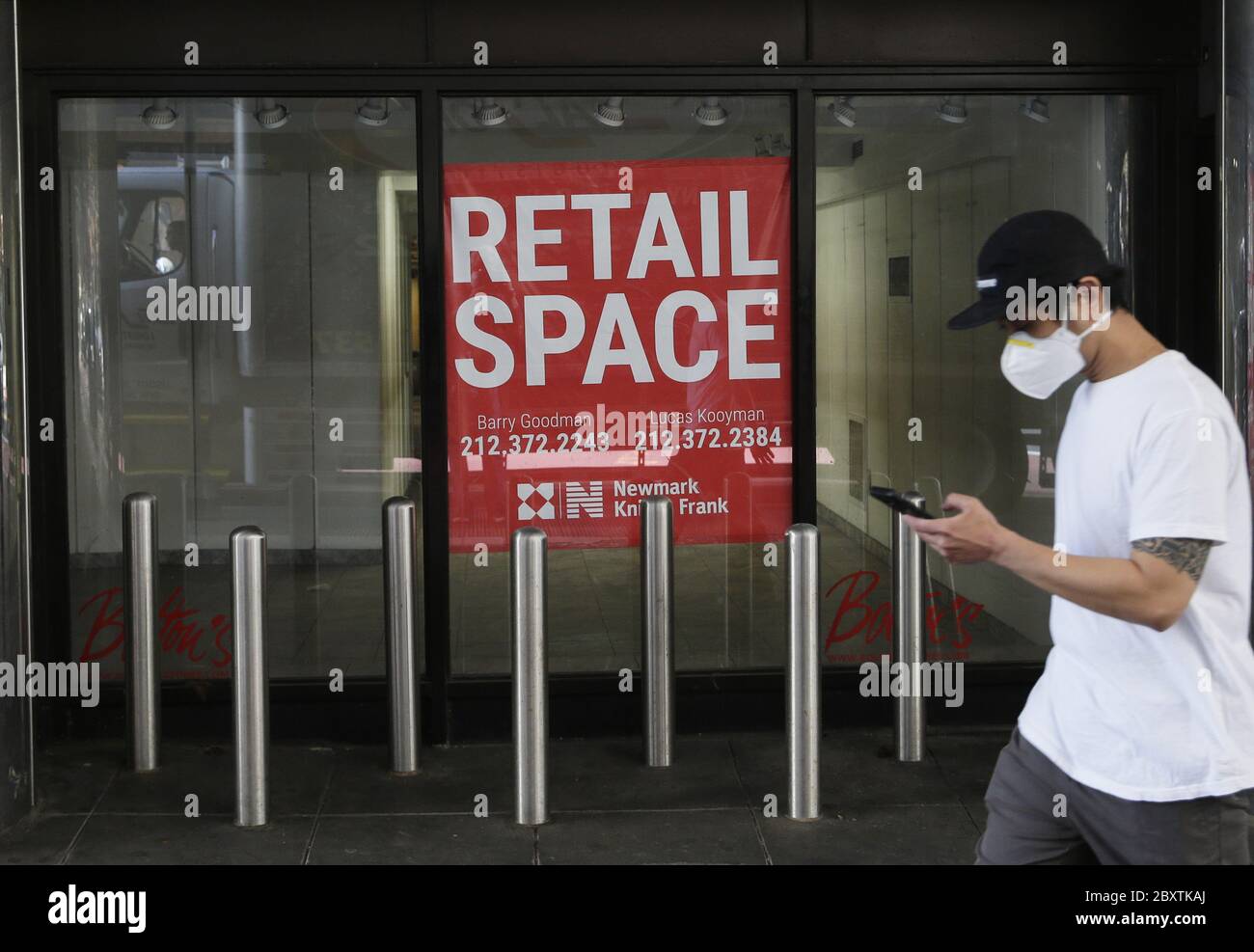 New York, United States. 08th June, 2020. A sign for Retail Space for rent  hangs on a store front at Grand Central Station when New York City enters  phase 1 of a