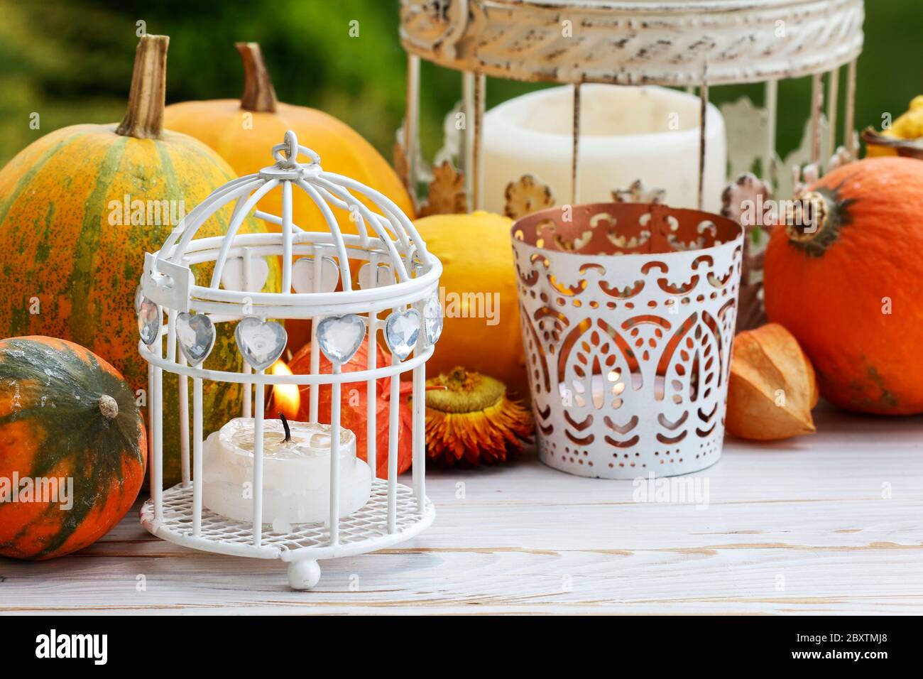 Autumn table decoration with pumpkins and candles. Party time Stock Photo